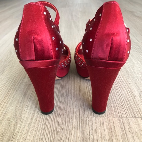 Marchez Vous Red Heels with Rhinestones and Ankle Strap, Size 6 - Picture 4 of 13